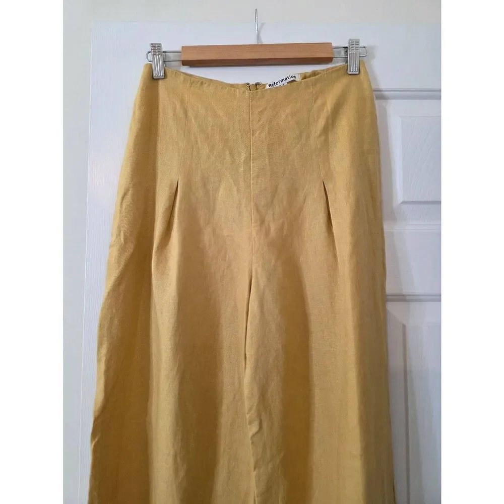 Reformation Yellow Linen High Waisted Wide-Leg Pants 6